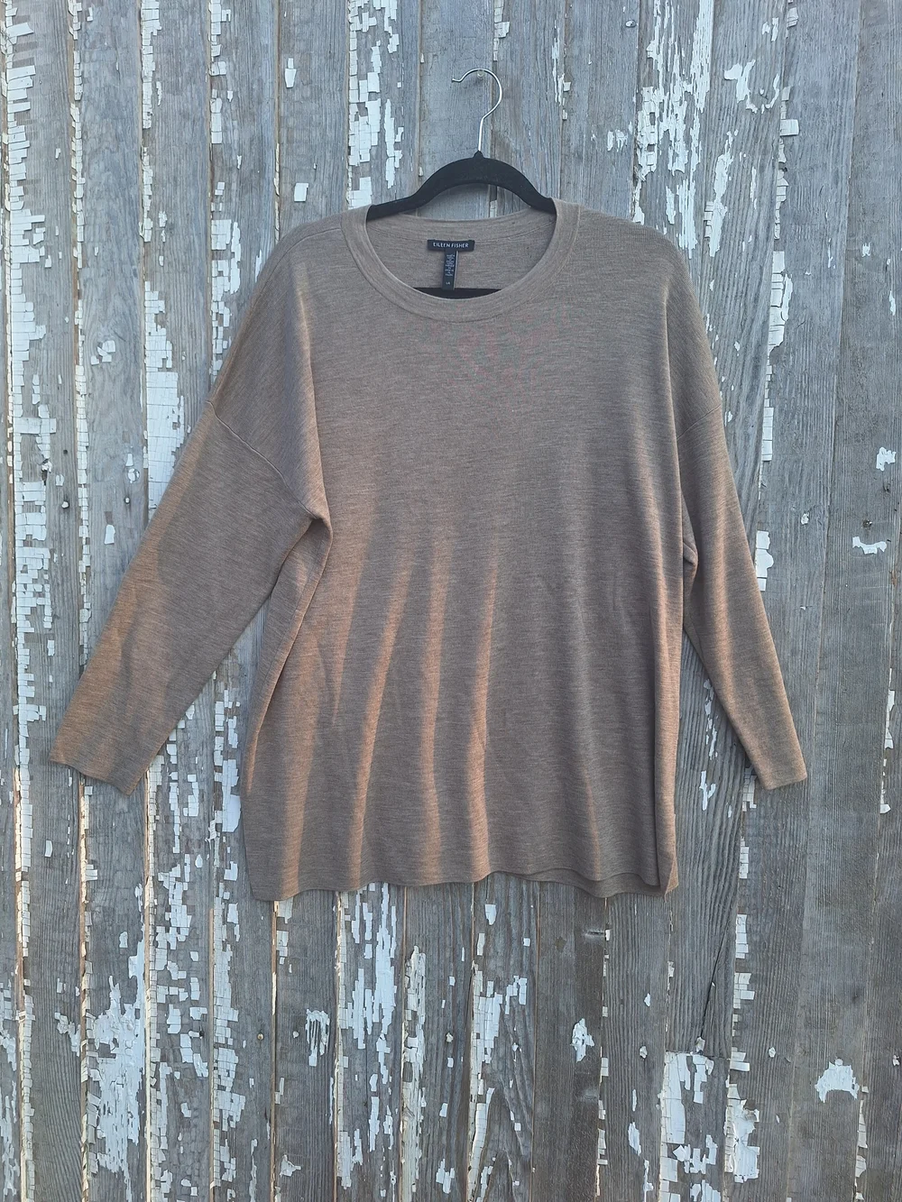 Eileen Fisher Relaxed Crewneck Sweater in Taupe Merino Wool Size Large